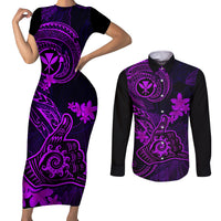 Hawaii Couples Matching Short Sleeve Bodycon Dress and Long Sleeve Button Shirts Shaka Tattoo Mix Polynesian Plumeria Purple Version LT14 Purple - Polynesian Pride