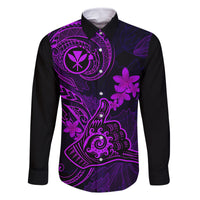 Hawaii Family Matching Off Shoulder Long Sleeve Dress and Hawaiian Shirt Shaka Tattoo Mix Polynesian Plumeria Purple Version LT14 Dad's Shirt - Long Sleeve Purple - Polynesian Pride