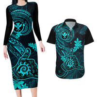 Hawaii Couples Matching Long Sleeve Bodycon Dress and Hawaiian Shirt Shaka Tattoo Mix Polynesian Plumeria Turquoise Version LT14 Turquoise - Polynesian Pride