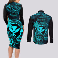 hawaii-couples-matching-long-sleeve-bodycon-dress-and-long-sleeve-button-shirts-shaka-tattoo-mix-polynesian-plumeria-turquoise-version
