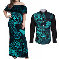 hawaii-couples-matching-off-shoulder-maxi-dress-and-long-sleeve-button-shirts-shaka-tattoo-mix-polynesian-plumeria-turquoise-version
