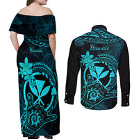 hawaii-couples-matching-off-shoulder-maxi-dress-and-long-sleeve-button-shirts-shaka-tattoo-mix-polynesian-plumeria-turquoise-version