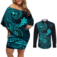 hawaii-couples-matching-off-shoulder-short-dress-and-long-sleeve-button-shirts-shaka-tattoo-mix-polynesian-plumeria-turquoise-version