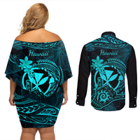 hawaii-couples-matching-off-shoulder-short-dress-and-long-sleeve-button-shirts-shaka-tattoo-mix-polynesian-plumeria-turquoise-version