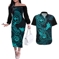 Hawaii Couples Matching Off The Shoulder Long Sleeve Dress and Hawaiian Shirt Shaka Tattoo Mix Polynesian Plumeria Turquoise Version LT14 Turquoise - Polynesian Pride