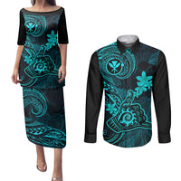 hawaii-couples-matching-puletasi-dress-and-long-sleeve-button-shirts-shaka-tattoo-mix-polynesian-plumeria-turquoise-version