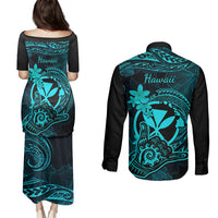 hawaii-couples-matching-puletasi-dress-and-long-sleeve-button-shirts-shaka-tattoo-mix-polynesian-plumeria-turquoise-version