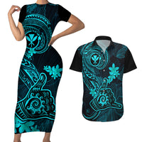Hawaii Couples Matching Short Sleeve Bodycon Dress and Hawaiian Shirt Shaka Tattoo Mix Polynesian Plumeria Turquoise Version LT14 Turquoise - Polynesian Pride