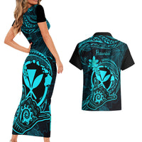 Hawaii Couples Matching Short Sleeve Bodycon Dress and Hawaiian Shirt Shaka Tattoo Mix Polynesian Plumeria Turquoise Version LT14 - Polynesian Pride