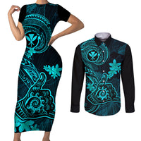 hawaii-couples-matching-short-sleeve-bodycon-dress-and-long-sleeve-button-shirts-shaka-tattoo-mix-polynesian-plumeria-turquoise-version