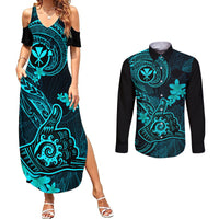 hawaii-couples-matching-summer-maxi-dress-and-long-sleeve-button-shirts-shaka-tattoo-mix-polynesian-plumeria-turquoise-version