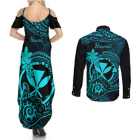 hawaii-couples-matching-summer-maxi-dress-and-long-sleeve-button-shirts-shaka-tattoo-mix-polynesian-plumeria-turquoise-version