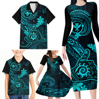 Hawaii Family Matching Long Sleeve Bodycon Dress and Hawaiian Shirt Shaka Tattoo Mix Polynesian Plumeria Turquoise Version LT14 - Polynesian Pride