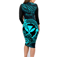 Hawaii Family Matching Long Sleeve Bodycon Dress and Hawaiian Shirt Shaka Tattoo Mix Polynesian Plumeria Turquoise Version LT14 - Polynesian Pride