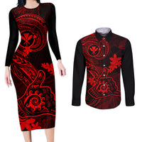 hawaii-couples-matching-long-sleeve-bodycon-dress-and-long-sleeve-button-shirts-shaka-tattoo-mix-polynesian-plumeria-red-version