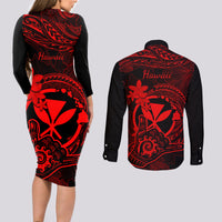 hawaii-couples-matching-long-sleeve-bodycon-dress-and-long-sleeve-button-shirts-shaka-tattoo-mix-polynesian-plumeria-red-version