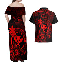 Hawaii Couples Matching Off Shoulder Maxi Dress and Hawaiian Shirt Shaka Tattoo Mix Polynesian Plumeria Red Version LT14 - Polynesian Pride