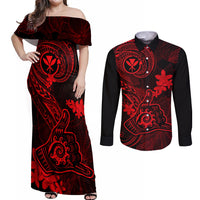 hawaii-couples-matching-off-shoulder-maxi-dress-and-long-sleeve-button-shirts-shaka-tattoo-mix-polynesian-plumeria-red-version