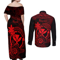 hawaii-couples-matching-off-shoulder-maxi-dress-and-long-sleeve-button-shirts-shaka-tattoo-mix-polynesian-plumeria-red-version