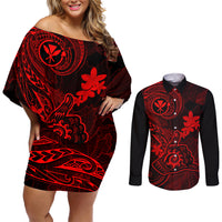 hawaii-couples-matching-off-shoulder-short-dress-and-long-sleeve-button-shirts-shaka-tattoo-mix-polynesian-plumeria-red-version