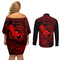 hawaii-couples-matching-off-shoulder-short-dress-and-long-sleeve-button-shirts-shaka-tattoo-mix-polynesian-plumeria-red-version
