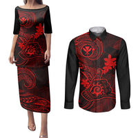 hawaii-couples-matching-puletasi-dress-and-long-sleeve-button-shirts-shaka-tattoo-mix-polynesian-plumeria-red-version