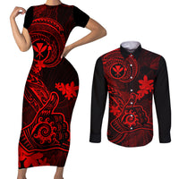 hawaii-couples-matching-short-sleeve-bodycon-dress-and-long-sleeve-button-shirts-shaka-tattoo-mix-polynesian-plumeria-red-version