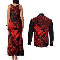 hawaii-couples-matching-tank-maxi-dress-and-long-sleeve-button-shirts-shaka-tattoo-mix-polynesian-plumeria-red-version