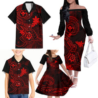 Hawaii Family Matching Off Shoulder Long Sleeve Dress and Hawaiian Shirt Shaka Tattoo Mix Polynesian Plumeria Red Version LT14 - Polynesian Pride