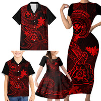 Hawaii Family Matching Short Sleeve Bodycon Dress and Hawaiian Shirt Shaka Tattoo Mix Polynesian Plumeria Red Version LT14 - Polynesian Pride