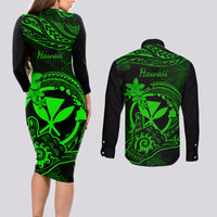 hawaii-couples-matching-long-sleeve-bodycon-dress-and-long-sleeve-button-shirts-shaka-tattoo-mix-polynesian-plumeria-green-version