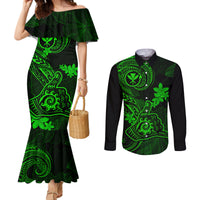 hawaii-couples-matching-mermaid-dress-and-long-sleeve-button-shirts-shaka-tattoo-mix-polynesian-plumeria-green-version
