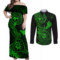 hawaii-couples-matching-off-shoulder-maxi-dress-and-long-sleeve-button-shirts-shaka-tattoo-mix-polynesian-plumeria-green-version