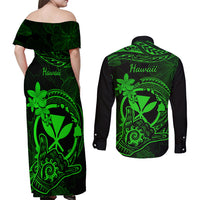 hawaii-couples-matching-off-shoulder-maxi-dress-and-long-sleeve-button-shirts-shaka-tattoo-mix-polynesian-plumeria-green-version