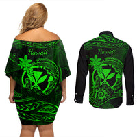 hawaii-couples-matching-off-shoulder-short-dress-and-long-sleeve-button-shirts-shaka-tattoo-mix-polynesian-plumeria-green-version