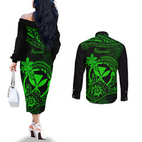 hawaii-couples-matching-off-the-shoulder-long-sleeve-dress-and-long-sleeve-button-shirts-shaka-tattoo-mix-polynesian-plumeria-green-version