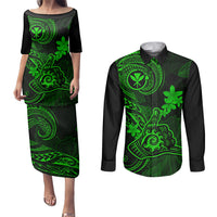 hawaii-couples-matching-puletasi-dress-and-long-sleeve-button-shirts-shaka-tattoo-mix-polynesian-plumeria-green-version