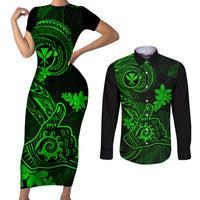 hawaii-couples-matching-short-sleeve-bodycon-dress-and-long-sleeve-button-shirts-shaka-tattoo-mix-polynesian-plumeria-green-version