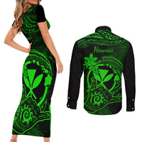 hawaii-couples-matching-short-sleeve-bodycon-dress-and-long-sleeve-button-shirts-shaka-tattoo-mix-polynesian-plumeria-green-version