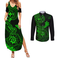hawaii-couples-matching-summer-maxi-dress-and-long-sleeve-button-shirts-shaka-tattoo-mix-polynesian-plumeria-green-version