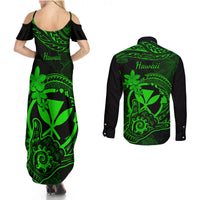 hawaii-couples-matching-summer-maxi-dress-and-long-sleeve-button-shirts-shaka-tattoo-mix-polynesian-plumeria-green-version