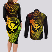 hawaii-couples-matching-long-sleeve-bodycon-dress-and-long-sleeve-button-shirts-hammerhead-shark-tattoo-mix-polynesian-plumeria-reggae-version