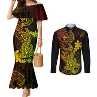 Hawaii Couples Matching Mermaid Dress and Long Sleeve Button Shirts Hammerhead Shark Tattoo Mix Polynesian Plumeria Reggae Version LT14 Reggae - Polynesian Pride