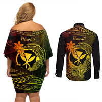 hawaii-couples-matching-off-shoulder-short-dress-and-long-sleeve-button-shirts-hammerhead-shark-tattoo-mix-polynesian-plumeria-reggae-version
