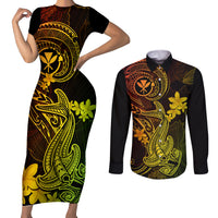 hawaii-couples-matching-short-sleeve-bodycon-dress-and-long-sleeve-button-shirts-hammerhead-shark-tattoo-mix-polynesian-plumeria-reggae-version