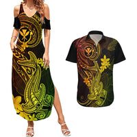 hawaii-couples-matching-summer-maxi-dress-and-hawaiian-shirt-hammerhead-shark-tattoo-mix-polynesian-plumeria-reggae-version