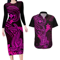 Hawaii Couples Matching Long Sleeve Bodycon Dress and Hawaiian Shirt Hammerhead Shark Tattoo Mix Polynesian Plumeria Pink Version LT14 Pink - Polynesian Pride