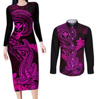 hawaii-couples-matching-long-sleeve-bodycon-dress-and-long-sleeve-button-shirts-hammerhead-shark-tattoo-mix-polynesian-plumeria-pink-version