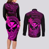 hawaii-couples-matching-long-sleeve-bodycon-dress-and-long-sleeve-button-shirts-hammerhead-shark-tattoo-mix-polynesian-plumeria-pink-version