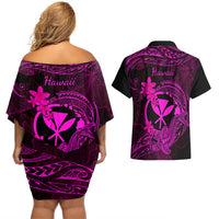 hawaii-couples-matching-off-shoulder-short-dress-and-hawaiian-shirt-hammerhead-shark-tattoo-mix-polynesian-plumeria-pink-version